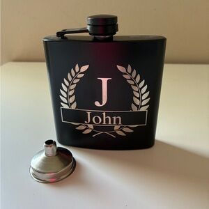 Black Personalized Flask with Funnel Engraved for John